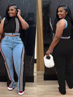 Zip front crop top and striped pants set by Shopimist, featuring a stylish crop top with a front zipper and matching striped pants.