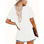 Plush Fashion Hub short sleeve round neck T-shirt with 'KARMA' print, casualwear, lightweight cotton fabric, front view.