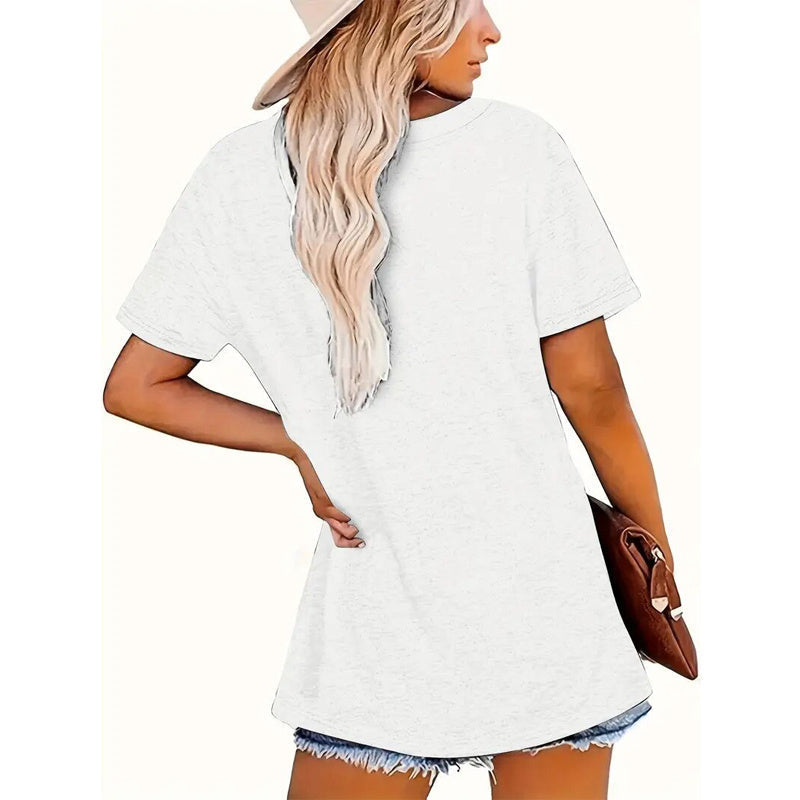 Plush Fashion Hub short sleeve round neck T-shirt with 'KARMA' print, casualwear, lightweight cotton fabric, front view.