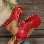 Women's open toe wedge sandals by Trendsi featuring comfortable PU leather high heels and stylish design.