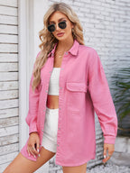 VYSN denim shacket with dropped shoulders, snap-down front, and chest pockets, casual oversized shirt jacket for a relaxed look.