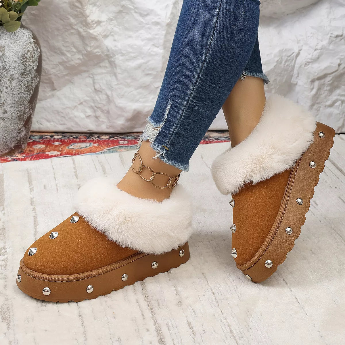 Trendsi studded platform winter boots with faux fur lining, featuring a rugged sole and stylish design for cold weather wear.