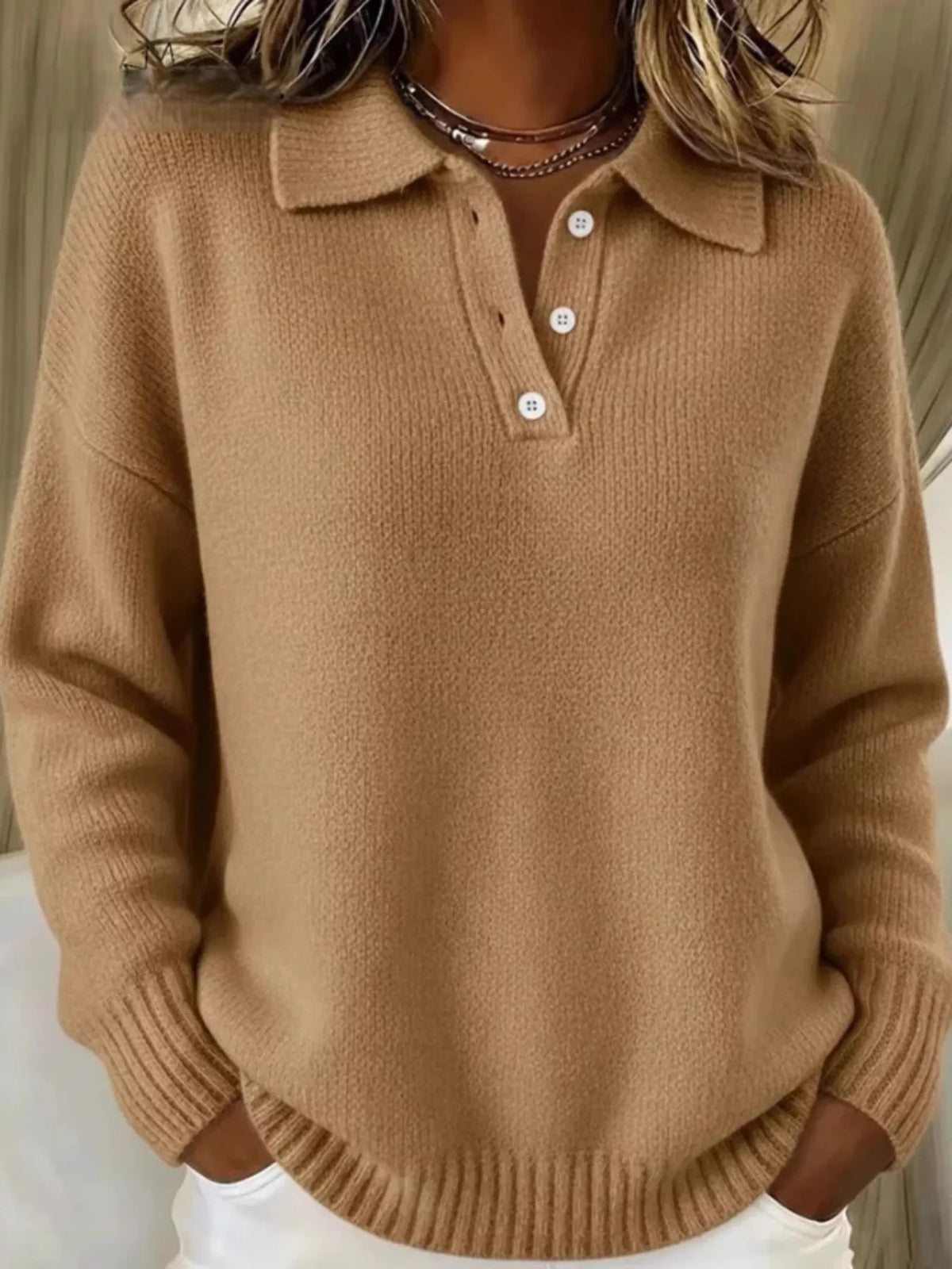 Plus size Trendsi sweater with button details and dropped shoulder design, showcasing a cozy, full-size knitted sweater.