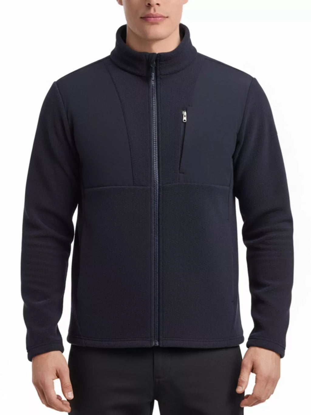 Men's plus size full-zip fleece jacket by Shopimist, showing the navy blue fleece with front zipper and collar detail.