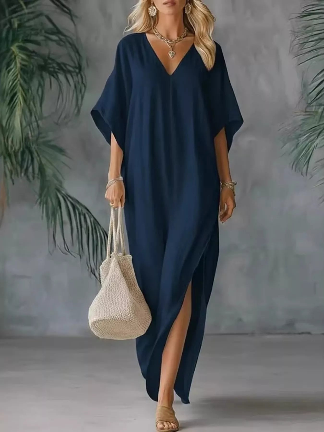Full size Shopimist V-neck maxi dress with side slits, plus size, flowing fabric, and elegant design for stylish occasions.