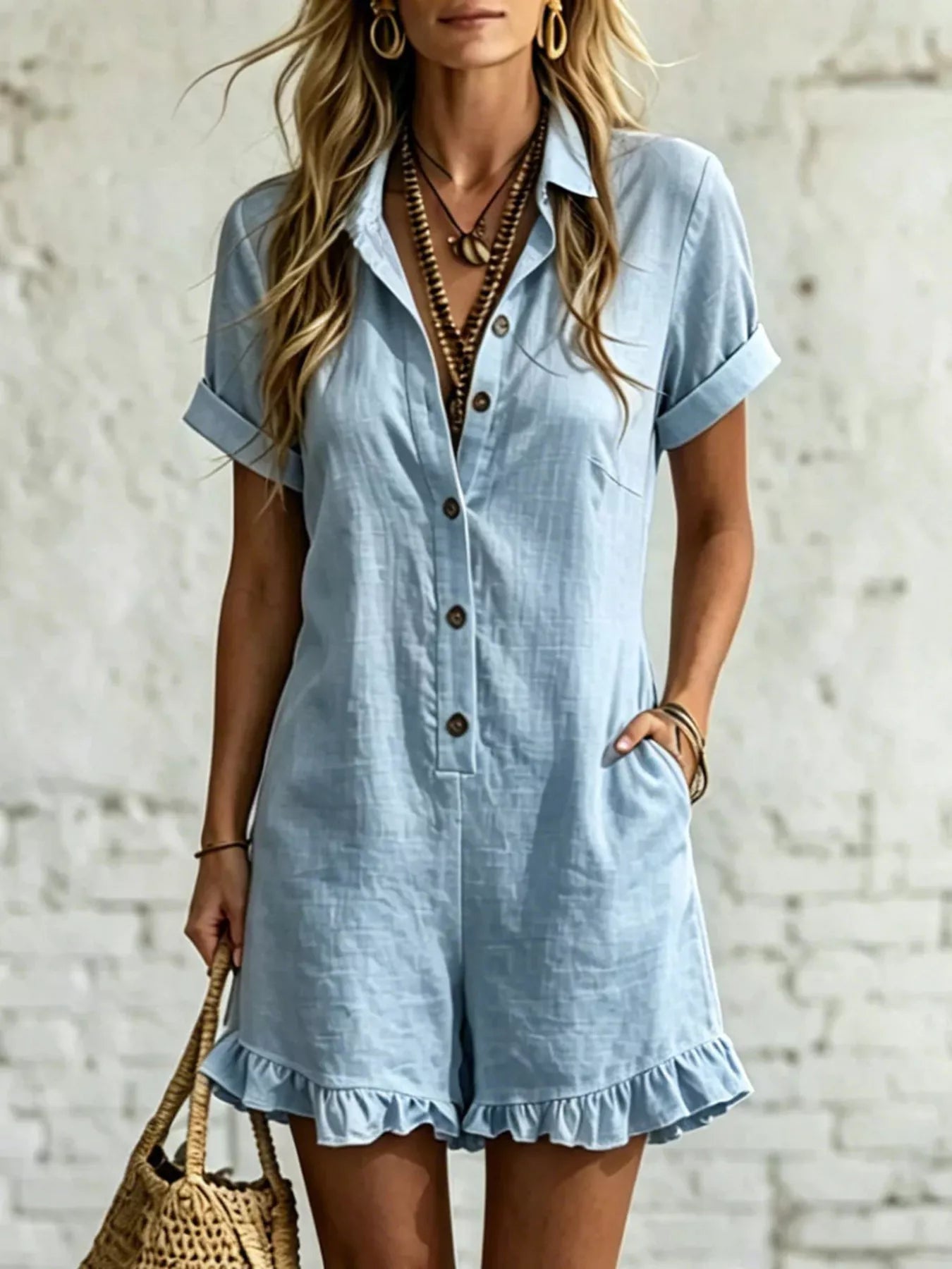 Plus size casual romper with button front and ruffled hem, featuring a trendy, relaxed fit in a full size from Trendsi.