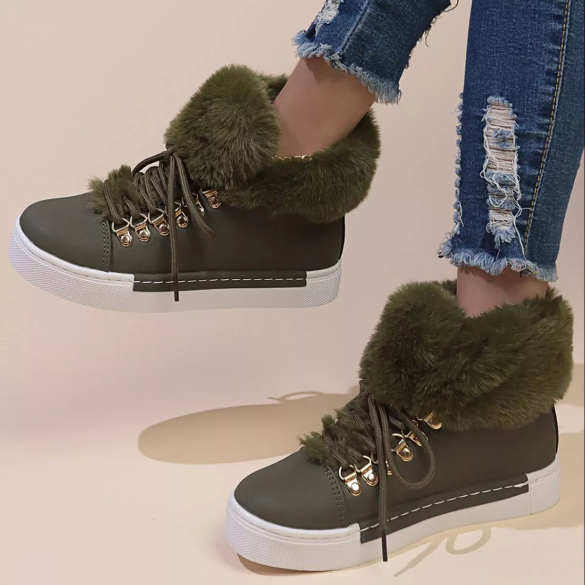Fuzzy trim lace-up ankle boots by Simply Love featuring soft material and stylish design, perfect for casual or dressy outfits.