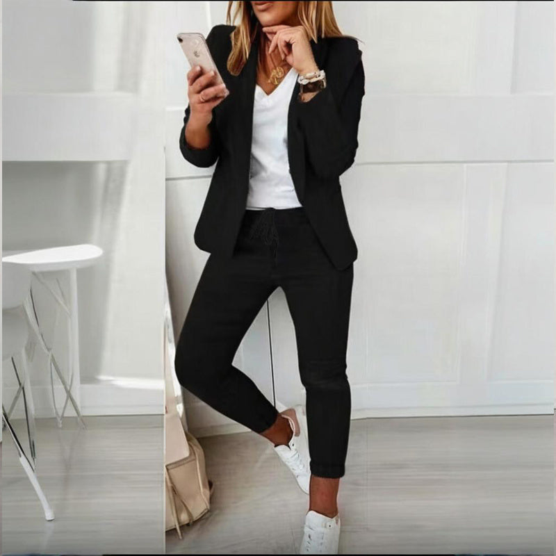 Women’s casual blazer and drawstring pants suit set by FitiqueFit, featuring a notch-lapel blazer and comfortable matching pants.