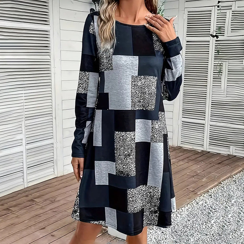 Women's casual long sleeve dress with a round neck from Plush Fashion Hub, featuring a comfortable, stylish fit.