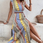 Women's boho geometric print puff sleeve A-line maxi dress by FitiqueFit in three colors, featuring a flowing silhouette and stylish design.