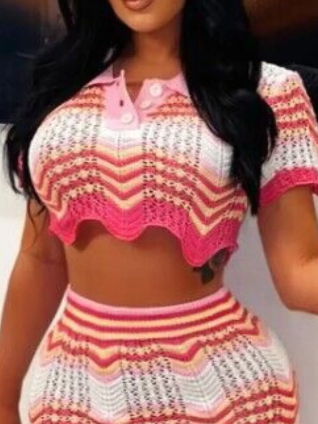 Shopimist chevron knit polo crop top and mini skirt set, featuring a stylish two-piece outfit with a textured knit pattern.