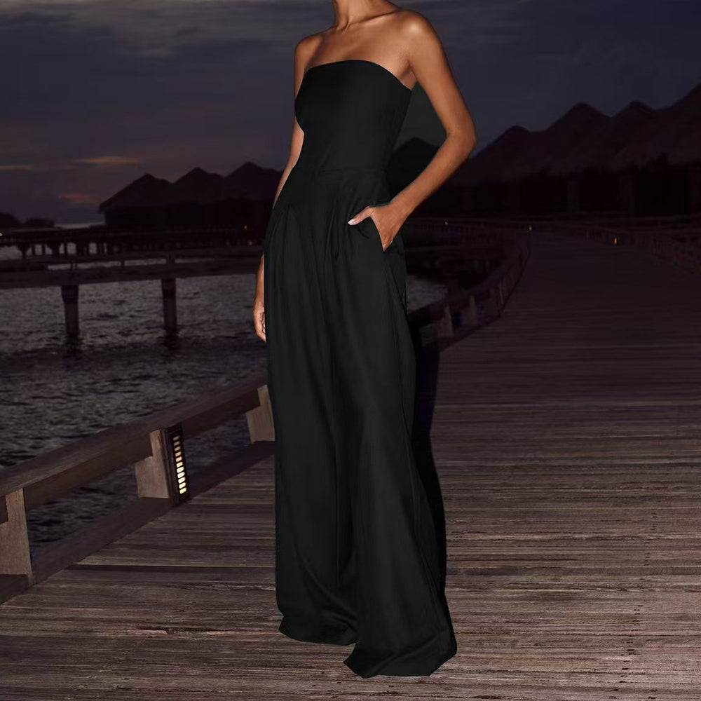 Backless loose tube-top jumpsuit with wide-leg long pants, stylish women's overalls by Plush Fashion Hub.