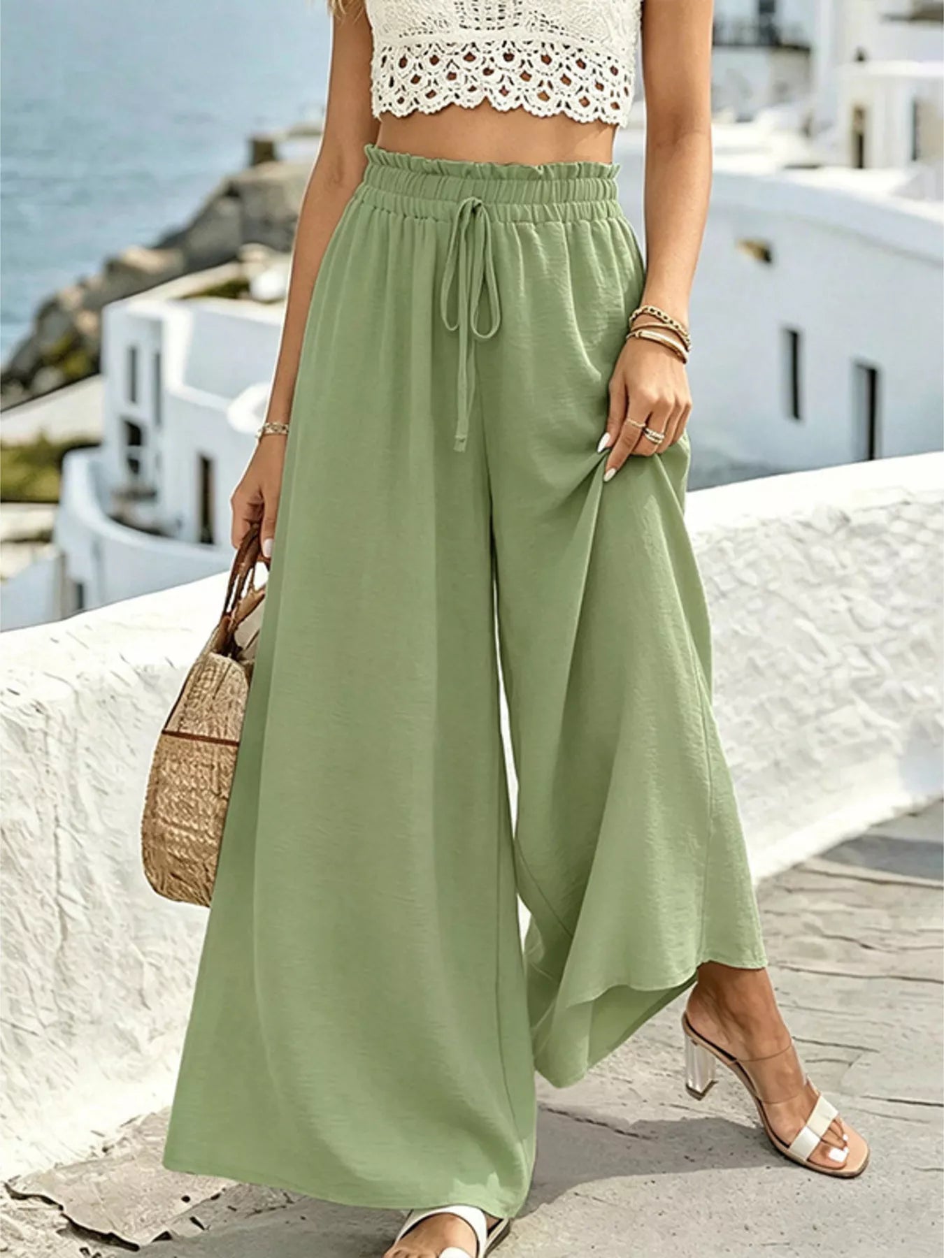 Shopimist wide leg drawstring pants in soft fabric, featuring a relaxed fit and adjustable waistband for comfortable wear.