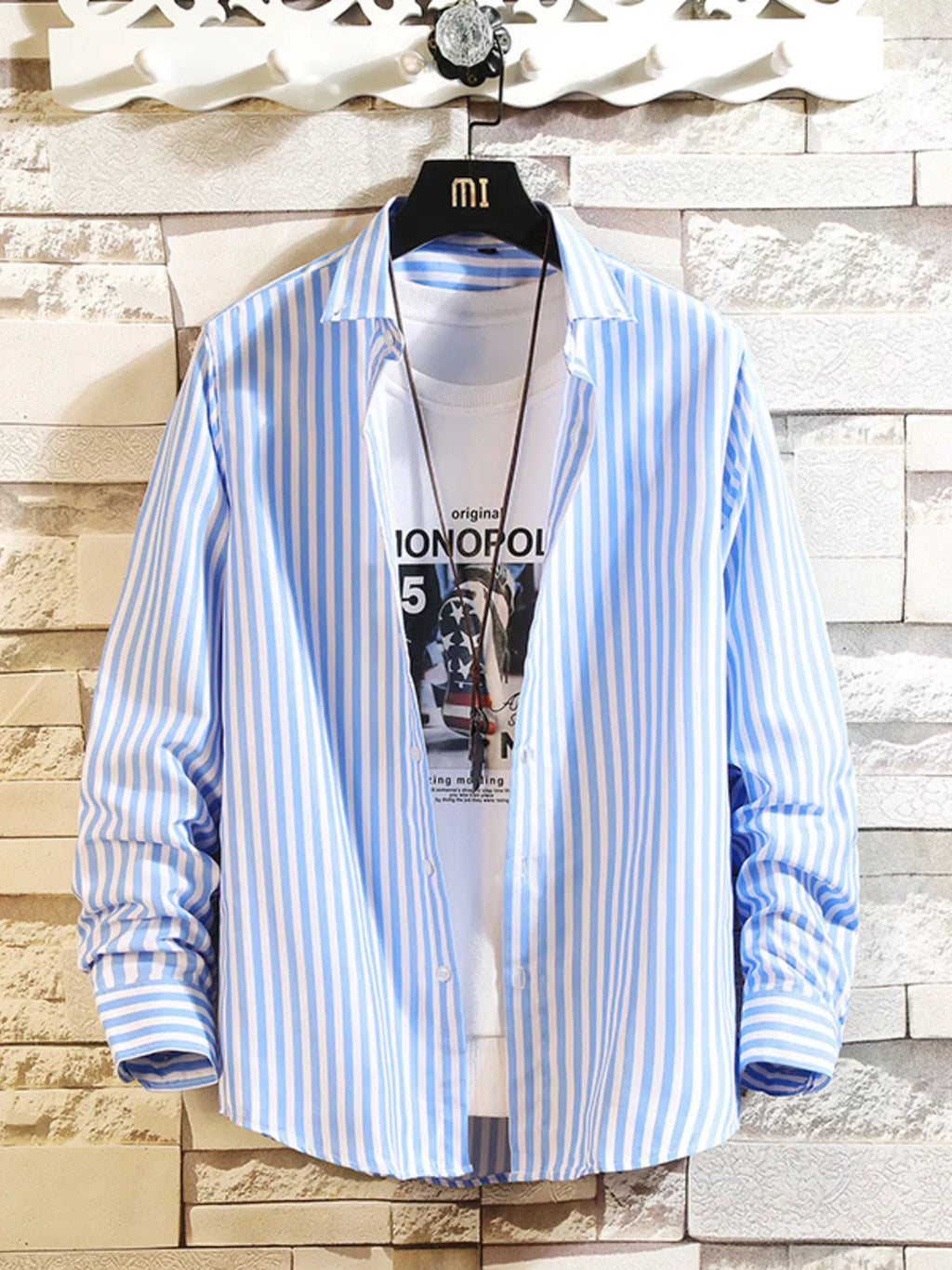 Men's plus size striped button-up casual shirt by Trendsi, featuring a comfortable fit and stylish design in a natural pose.