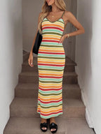 Striped bodycon knit midi dress from Trendsi featuring a fitted silhouette and bold horizontal stripe pattern.