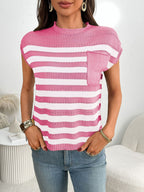 Women’s striped knit cap sleeve sweater with pocket detail, featuring a cozy outerwear design in a stylish pattern.