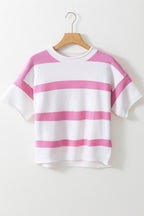 Lightweight knitted summer short sleeve sweater from Threaded Pear with a relaxed fit and breathable fabric.