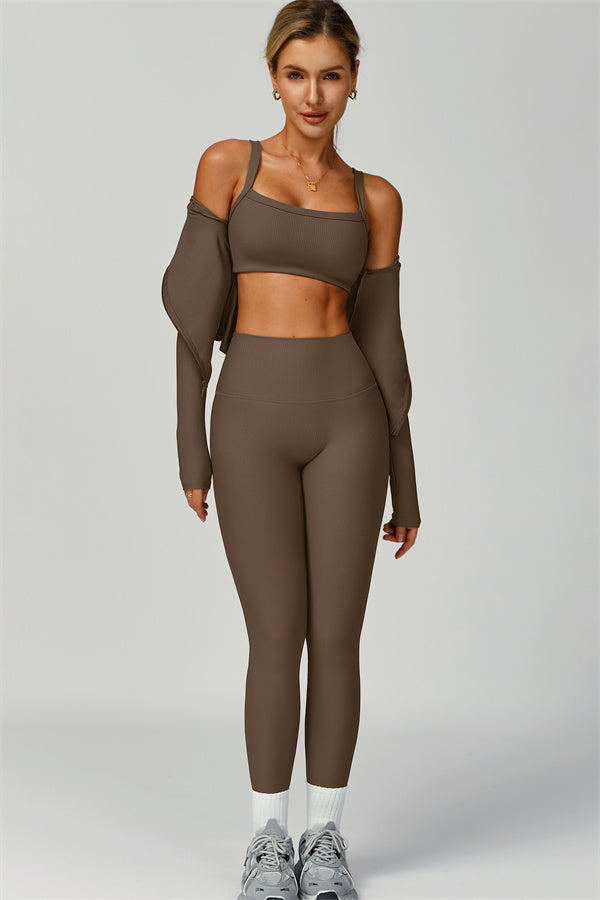 Fitglutes activewear sport bra, jacket, and leggings 3-piece set for workout and gym activities, featuring sleek athletic design.