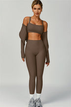 Fitglutes activewear sport bra, jacket, and leggings 3-piece set for workout and gym activities, featuring sleek athletic design.