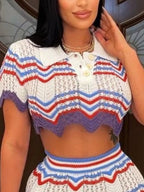 Chevron knit polo crop top and mini skirt set by Shopimist, featuring a stylish matching knit pattern and fitted design.