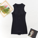 Women's zip-up sleeveless athletic one-piece swimsuit by FitiqueFit featuring a high-waist, conservative swimwear design.