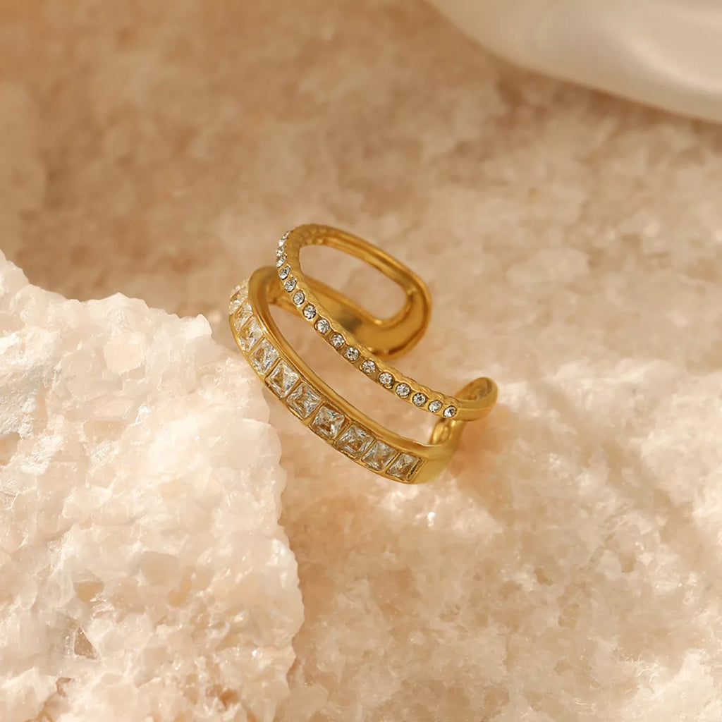 18K gold-plated rhinestone open ring from Shopimist, featuring sparkling stones and a sleek, modern design.