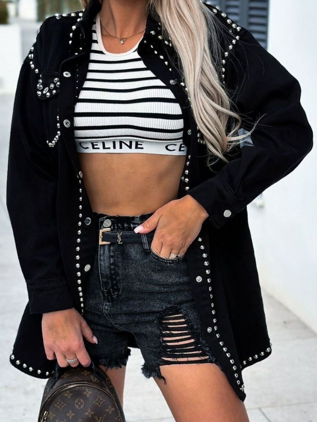 VYSN studded snap-down long sleeve denim shacket with buttoned front and edgy studded details, stylish casual outerwear.