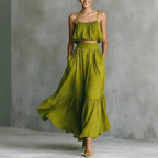 Women’s two-piece flared skirt set by FitiqueFit, high-waist casualwear with elegant style, shown in a stylish outfit image.