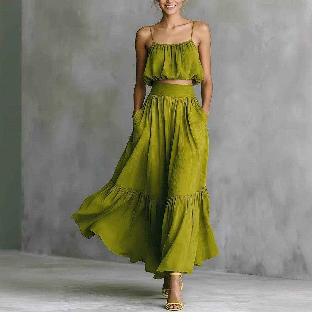 Women’s two-piece flared skirt set by FitiqueFit, high-waist casualwear with elegant style, shown in a stylish outfit image.