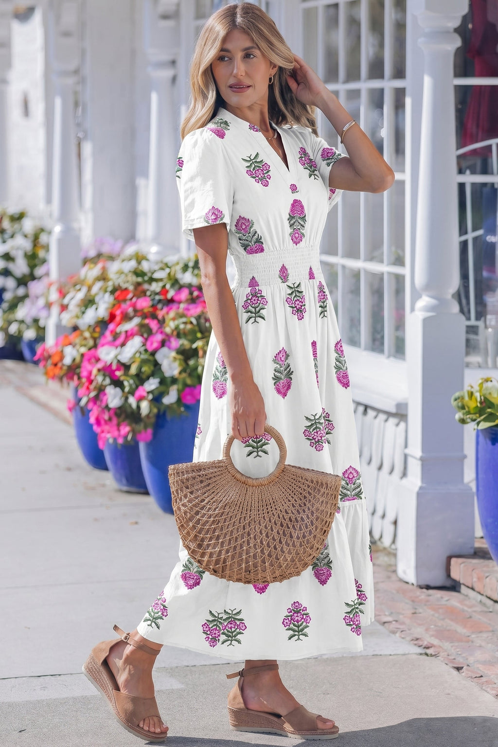 Threaded Pear Aileen Ruffle Hem Maxi Dress showing a flowy, floral-patterned design with ruffle details at the hem.