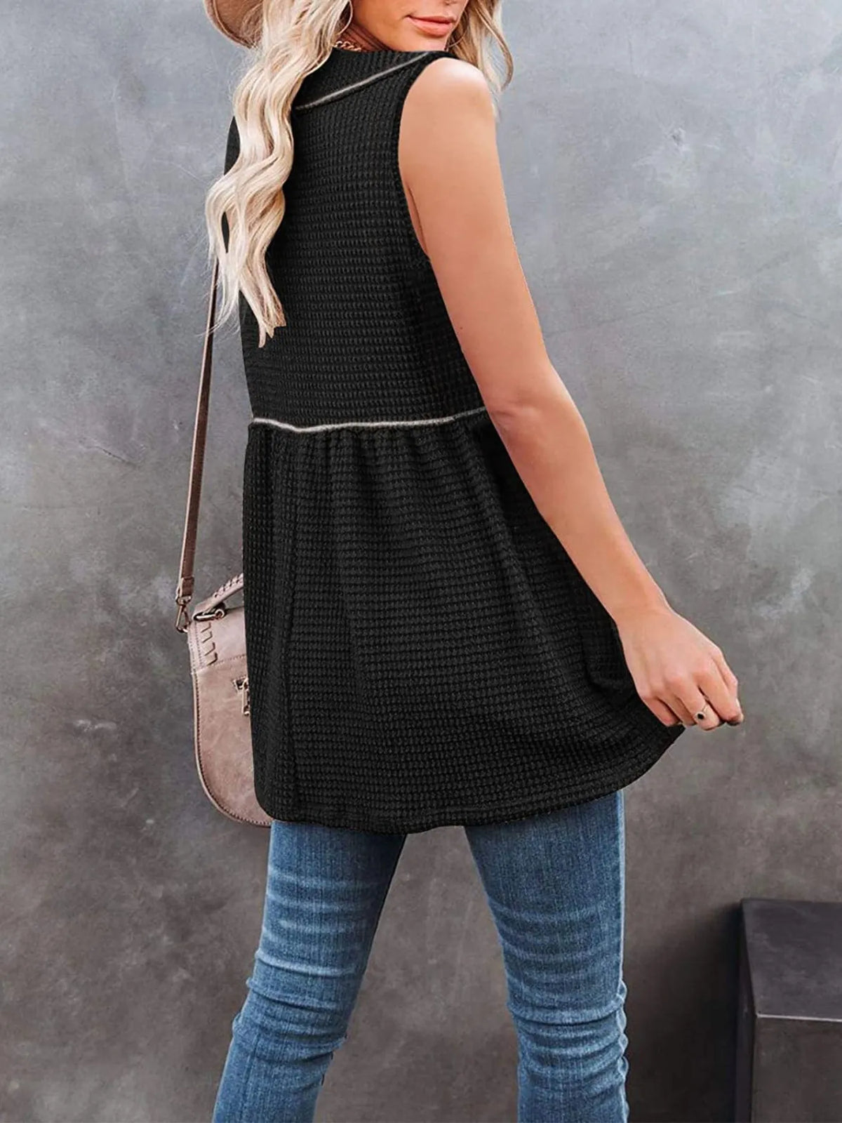 V-neck waffle knit tank top with contrast stitching from Plush Fashion Hub, featuring a fitted style and textured fabric.