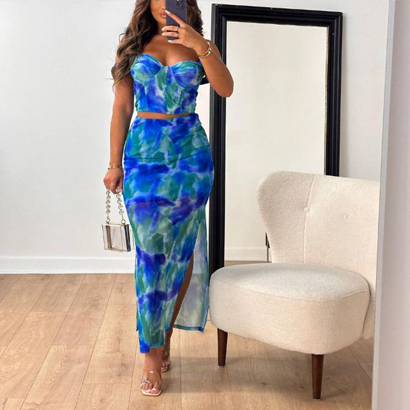Printed cropped camisole and figure-hugging sheath maxi skirt set with straps by Plush Fashion Hub, shown on a model.