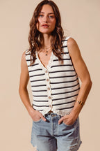 Women's striped knit sweater vest with crochet trim, button-down style by Plush Fashion Hub, featuring a cozy, stylish design.