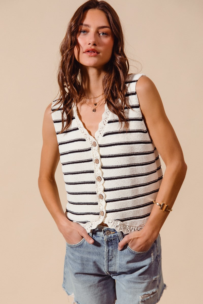Women's striped knit sweater vest with crochet trim, button-down style by Plush Fashion Hub, featuring a cozy, stylish design.