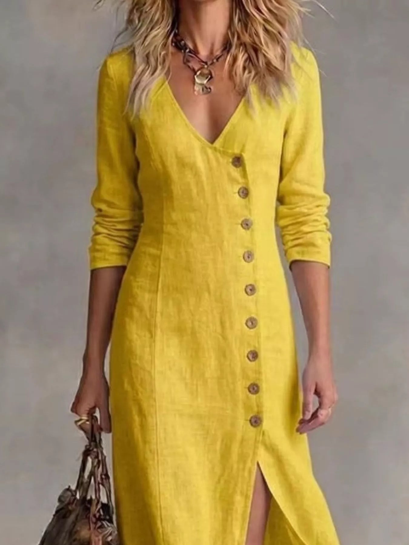 Plus size full length maxi dress with button-front and front slit, perfect for elegant casual wear, by Shopimist.