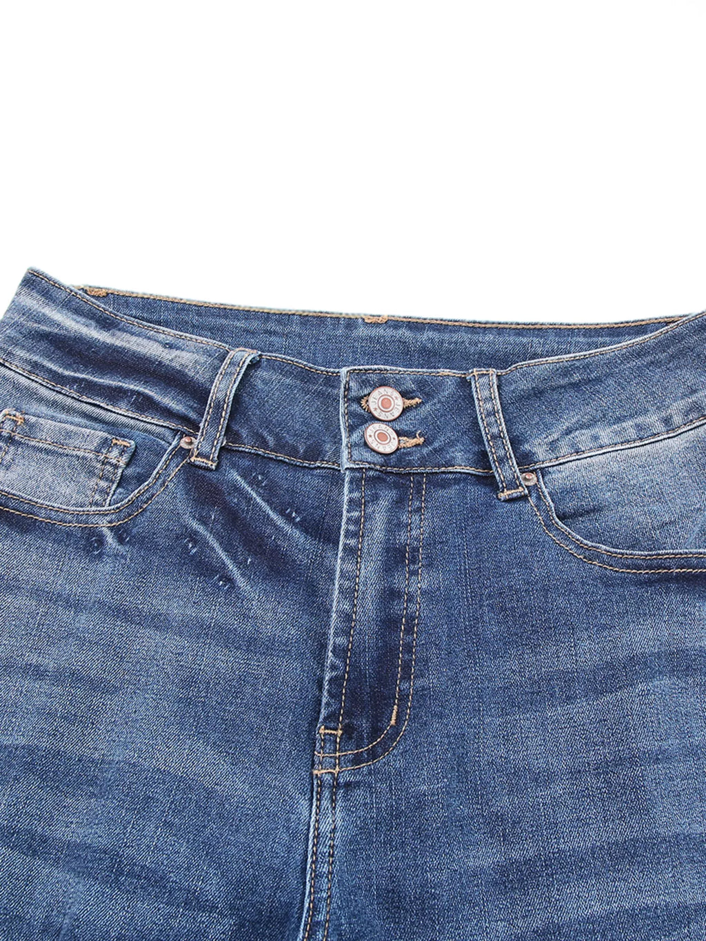 High waist distressed straight leg jeans from Trendsi, showing a close-up of the ripped details and classic denim texture.