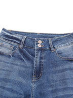 High waist distressed straight leg jeans from Trendsi, showing a close-up of the ripped details and classic denim texture.