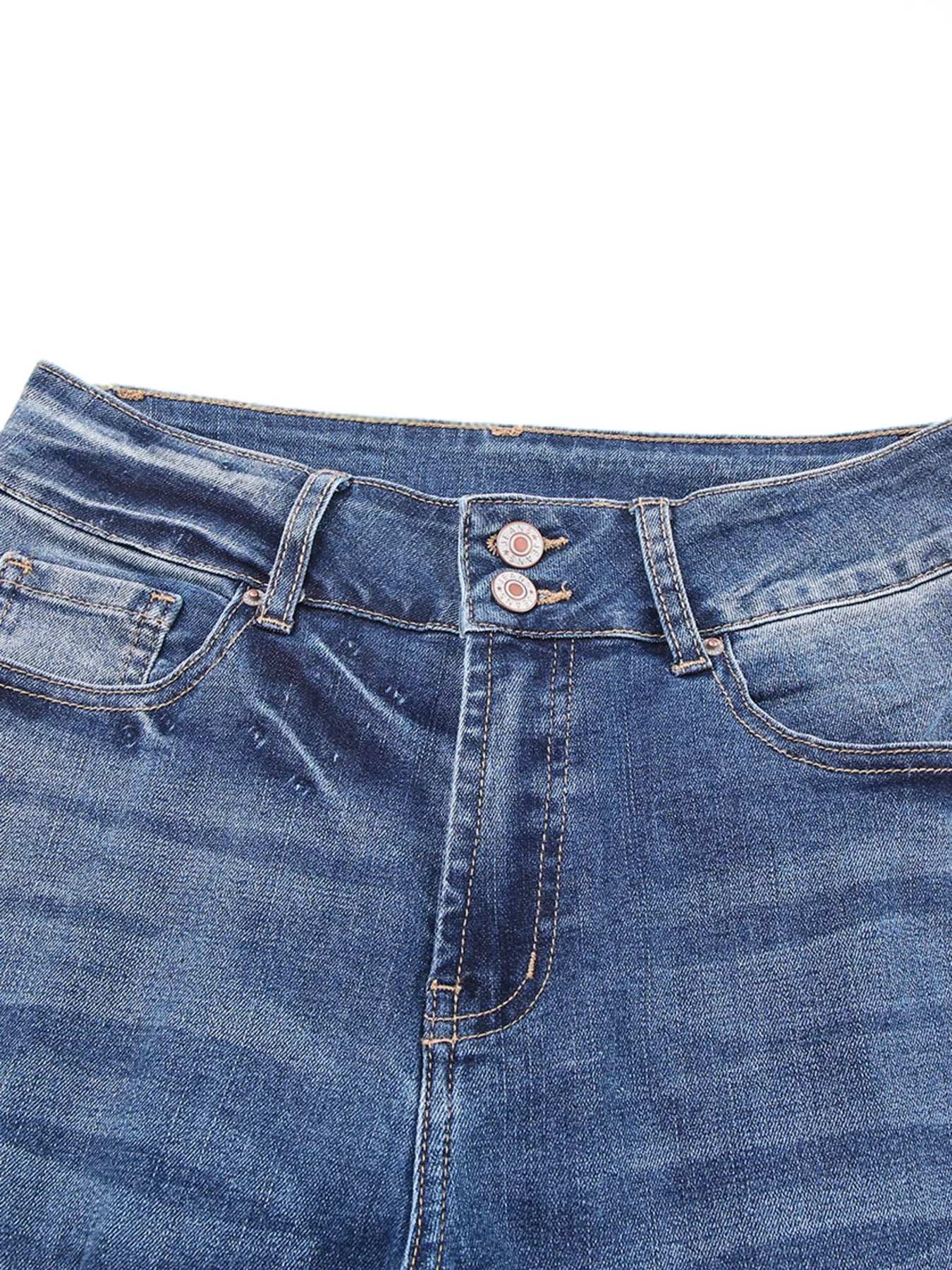 High waist distressed straight leg jeans from Trendsi, showing a close-up of the ripped details and classic denim texture.