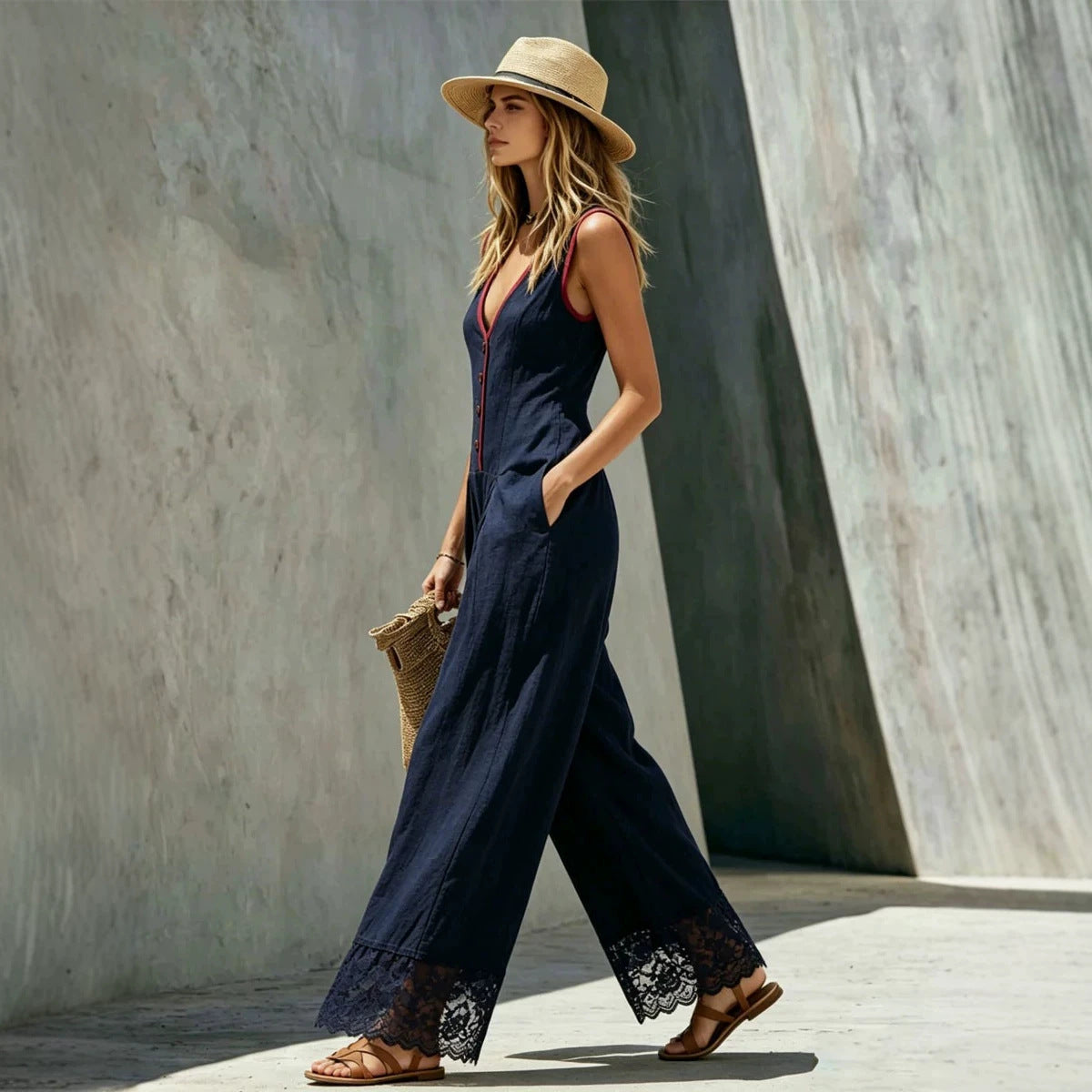 Women's lace-spliced casual jumpsuit by FitiqueFit featuring sleeveless design, high waist, straight leg, and functional pockets.