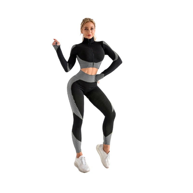 Plush Fashion Hub 2-piece seamless zip-up yoga set for women, featuring a fitted top and matching leggings for activewear.
