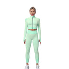 Two-piece seamless zip-up yoga set for women by Plush Fashion Hub, featuring a fitted top and matching leggings for activewear.