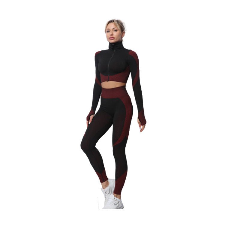 Two-piece seamless zip-up yoga set for women, activewear by Plush Fashion Hub, featuring a fitted top and matching leggings.