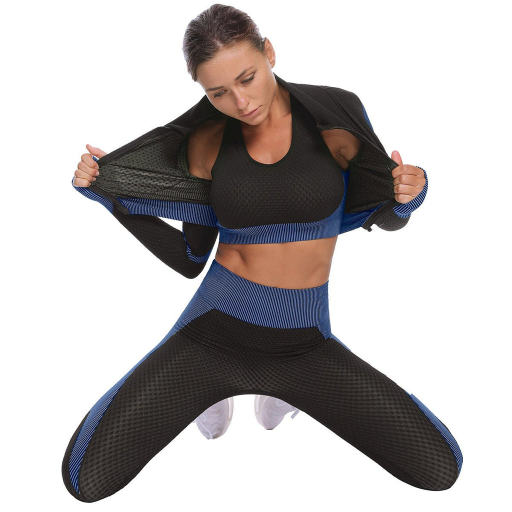 Plush Fashion Hub 2-piece seamless zip-up yoga set for women, including a fitted zip-up top and matching leggings for activewear.