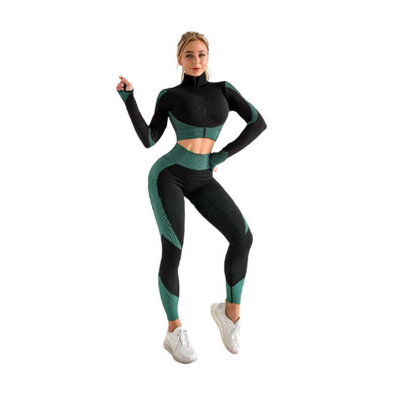 Women’s 2-piece seamless zip-up yoga set by Plush Fashion Hub, featuring activewear with comfortable, fitted design for workouts.