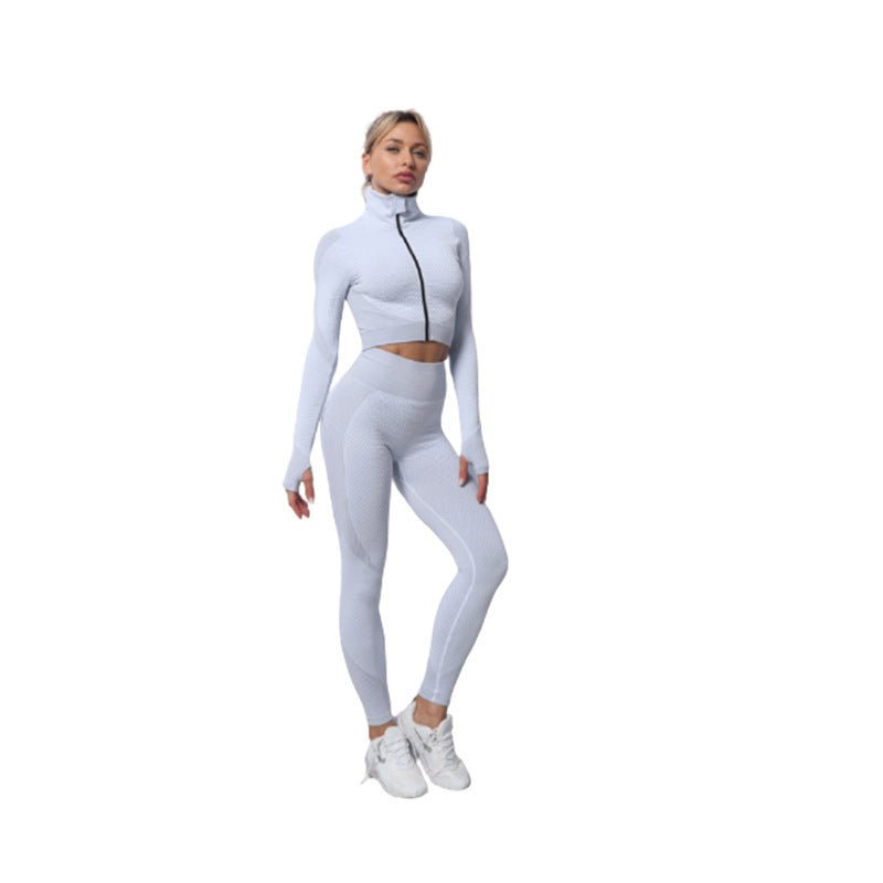 Seamless zip-up yoga set for women by Plush Fashion Hub, includes matching sports bra and leggings for activewear.