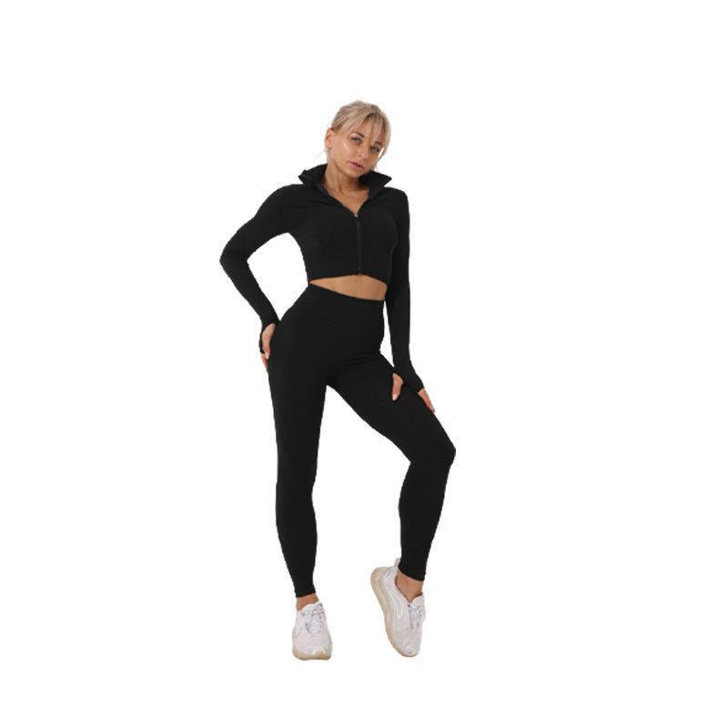 Plush Fashion Hub 2-piece seamless zip-up yoga set for women, activewear with fitted top and leggings, ideal for workout and fitness.