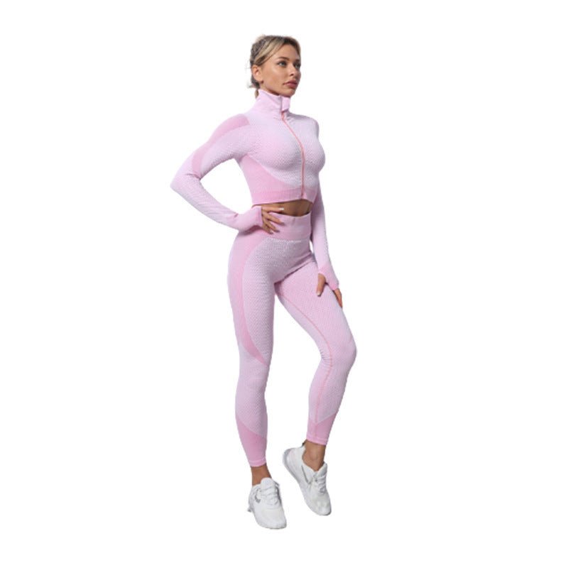 Plush Fashion Hub 2-piece seamless zip-up yoga set for women, featuring a fitted top and matching leggings for activewear.