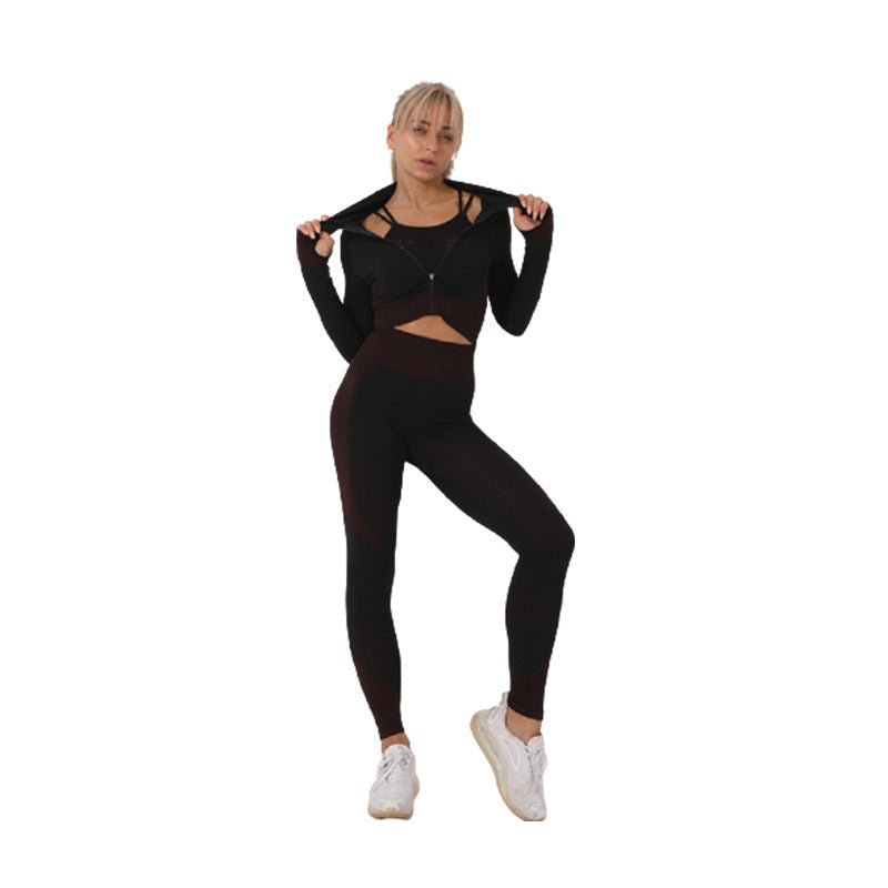 Women’s 2-piece seamless zip-up yoga set by Plush Fashion Hub, featuring a fitted activewear top and matching leggings.