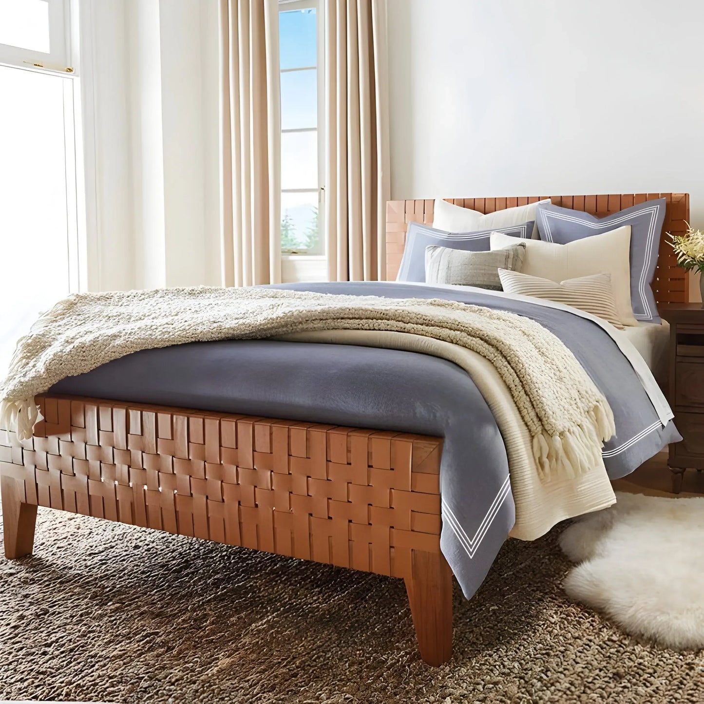 200TC Yarn Dyed Chambray Indigo Blue Triple Embroidery Duvet Cover Set - Plush Fashion Hub