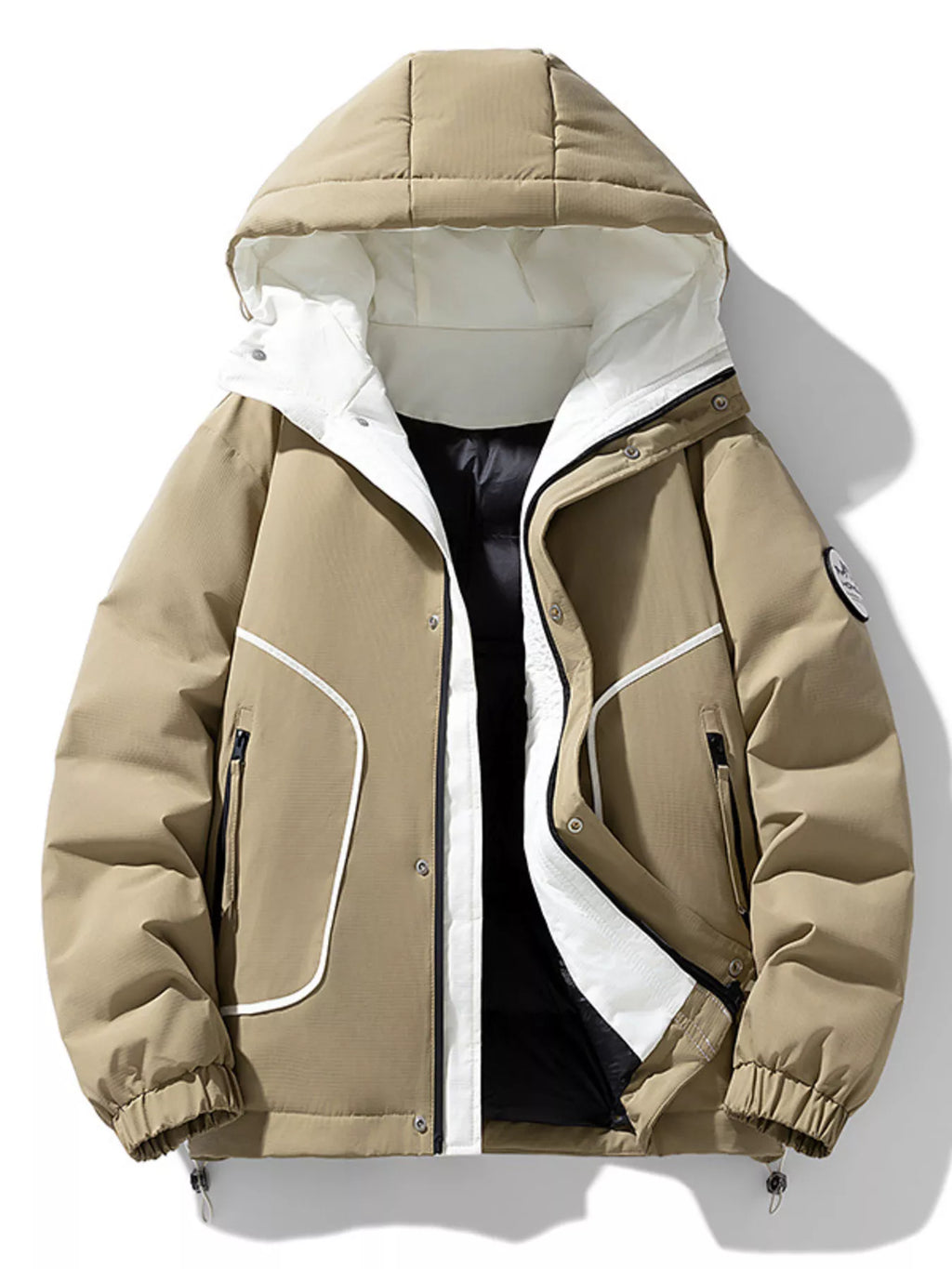 Men's plus size contrast hooded puffer jacket by Shopimist, featuring a quilted design and adjustable hood, suitable for cold weather.